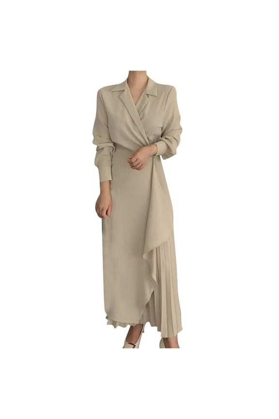 Usmixi Dresses for Women 2023 Plus Size Business Casual Fall Pleated Hem Blazer Maxi Dresses Suit Dresses Solid Long Sleeve Lapel Long Formal Dresses for Women Beige XXXL