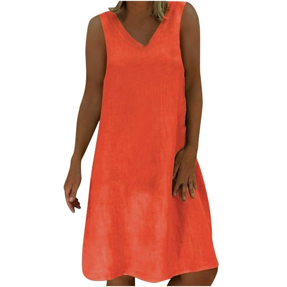 Usmixi Dresses for Women 2023 Plus Size Loose Comfy Cotton Linen Beach Tank Knee-Length Dresses Sleeveless V-Neck Solid Summer Midi Formal Dress Orange m Under $5