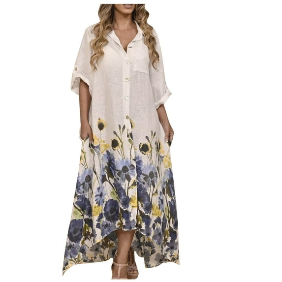 Usmixi Dresses for Women 2023 Summer Beach Fashion Plus Size Button Down Swing Shirt Long Sundress with Pocket Floral Print 3/4 Sleeve Lapel Maxi Formal Dresses for Women Blue XXXL