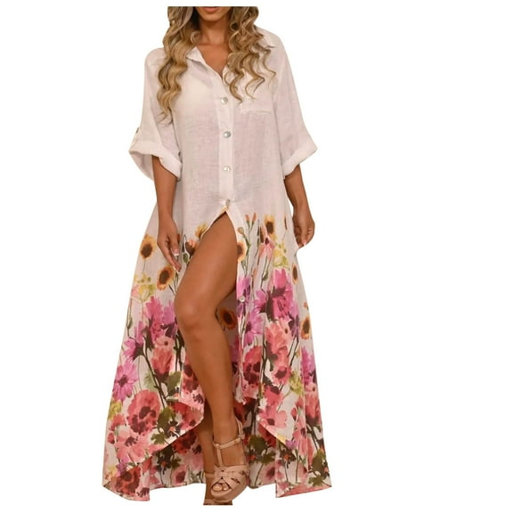 Usmixi Dresses for Women 2023 Summer Beach Fashion Plus Size Button Down Swing Shirt Long Sundress with Pocket Floral Print 3/4 Sleeve Lapel Maxi Formal Dresses for Women Purple m