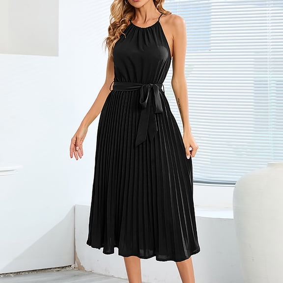 Usmixi Dresses for Women 2023 Tie Waist Flowy Pleated Swing Spaghetti Strap Formal Dresses Sleeveless HalterSolid Summer Long Sun Dress Black M Clothes