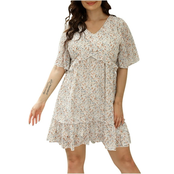 up to 60% off Gifts Usmixi Dresses for Women Beach Fashion High Waist Ruffle Swing Plus Size Tunic Dresses V-Neck Short Sleeve Floral Print Summer Mini Formal Dress Beige XXXL