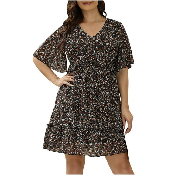 up to 60% off Gifts Usmixi Dresses for Women Beach Fashion High Waist Ruffle Swing Plus Size Tunic Dresses V-Neck Short Sleeve Floral Print Summer Mini Formal Dress Gray XL