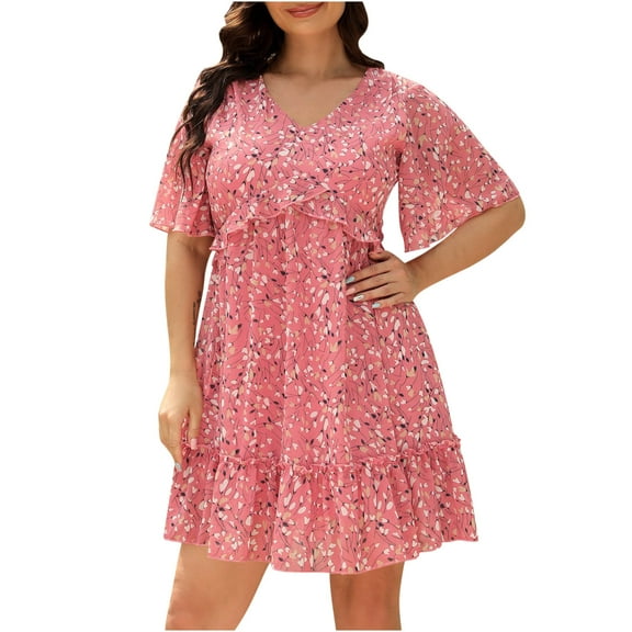 Usmixi Dresses for Women Beach Fashion High Waist Ruffle Swing Plus Size Tunic Dresses V-Neck Short Sleeve Floral Print Summer Mini Formal Dress Hot Pink XXL