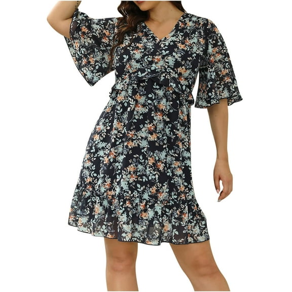 Usmixi Dresses for Women Beach Fashion High Waist Ruffle Swing Plus Size Tunic Dresses V-Neck Short Sleeve Floral Print Summer Mini Formal Dress Black XXXXL