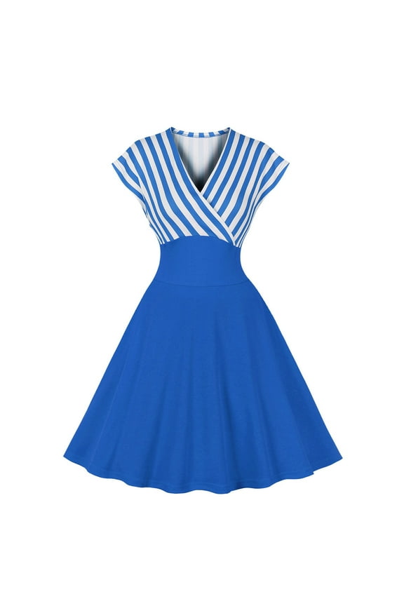 Usmixi Dresses for Women Evening Party Empire Waist Pleated Swing Vintage 1950S Dresses V-Neck Short Sleeve Striped Print Summer Midi Formal Dress Blue XXL