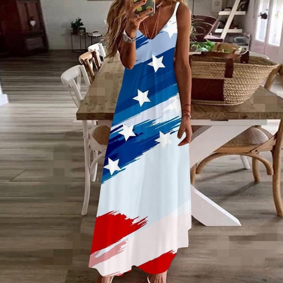 up to 60% off Gifts Usmixi Dresses for Women Independence Day Loose Spaghetti Strap Long Dresses for 4th of July Sleeveless V-Neck Star Flag Print Summer Maxi Formal Dress Blue s
