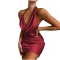 thumbnail image 1 of Usmixi Dresses for Women Night Party Club Sexy off Shoulder Ruched Bodycon Halter Mini Dresses V-Neck Sleeveless Solid Summer Short Formal Dress Wine XL, 1 of 6
