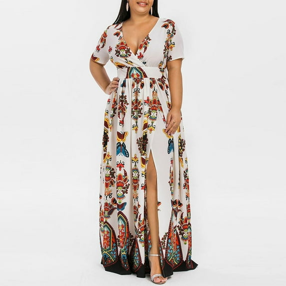 Usmixi Dresses for Women Plus Size Vintage Empire Waist Pleated Slit Swing A Line Party Long Dresses Short Sleeve V-Neck Butterfly Print Summer Maxi Formal Dress White XXXL