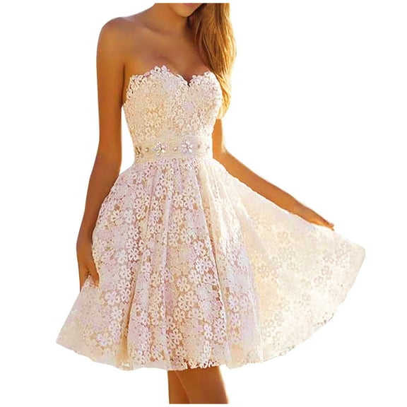 Usmixi Dresses for Women Wedding Guest Elegant Empire Waist Lace Strapless White Mini Dresses Tube Top Sleeveless Solid Summer Short Formal Dress White XL