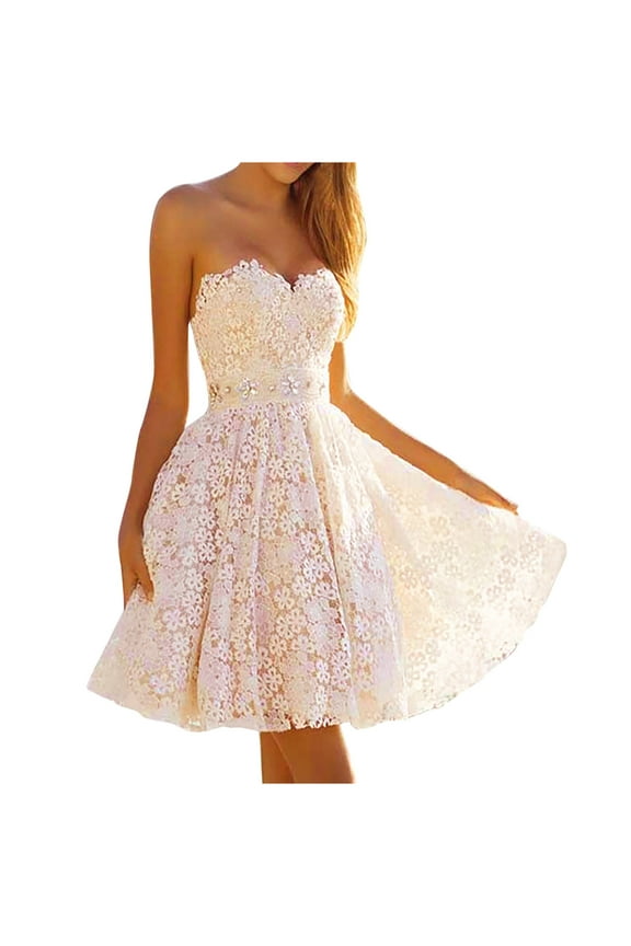up to 60% off Gifts Usmixi Dresses for Women Wedding Guest Elegant Empire Waist Lace Strapless White Mini Dresses Tube Top Sleeveless Solid Summer Short Formal Dress White l