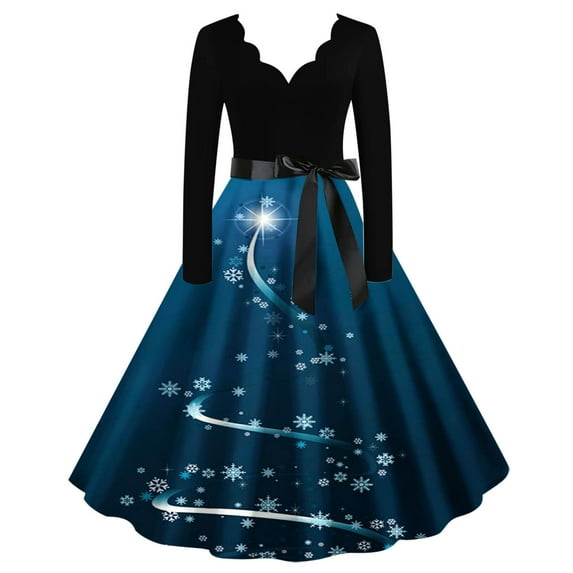 Usmixi Dresses for Women Womens Formal Dresses for Chirstmas Empire Waist Belt Pleated Swing Party Prom 1950S Dresses Xmas Fashion Graphics Long Sleeve A Line Midi Dress