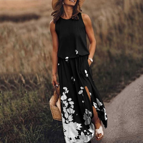 Usmixi Dresses for Women 2023 Elastic Waist Plus Size Slit Pocket Tank Long Dresses Sleeveless Round Neck Solid Summer Maxi Sun Dress Black l