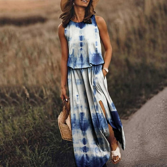 Usmixi Dresses for Women 2023 Elastic Waist Plus Size Slit Pocket Tank Long Dresses Sleeveless Round Neck Solid Summer Maxi Sun Dress Blue m