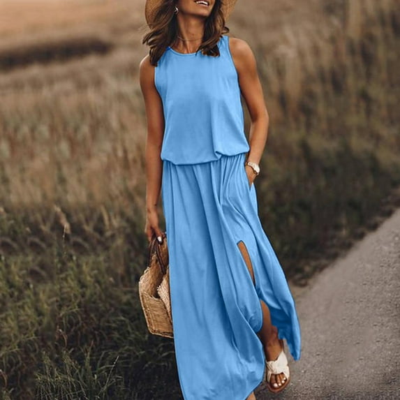 Wycnly Dresses Summer Dresses for Women Casual Solid Elastic Waist Side Slit Tank Long Dress Beach Boho Sleeveless Pleated Hem Pocket Sundress Maxi Dress for Women