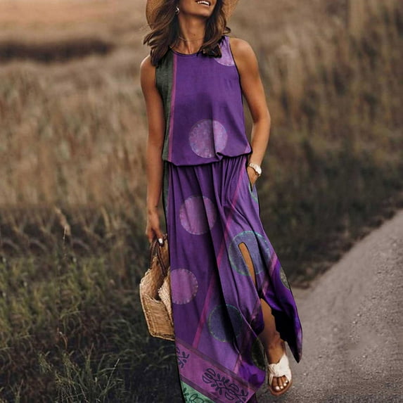 Usmixi Dresses for Women 2023 Elastic Waist Plus Size Slit Pocket Tank Long Dresses Sleeveless Round Neck Solid Summer Maxi Sun Dress Multicolor xl