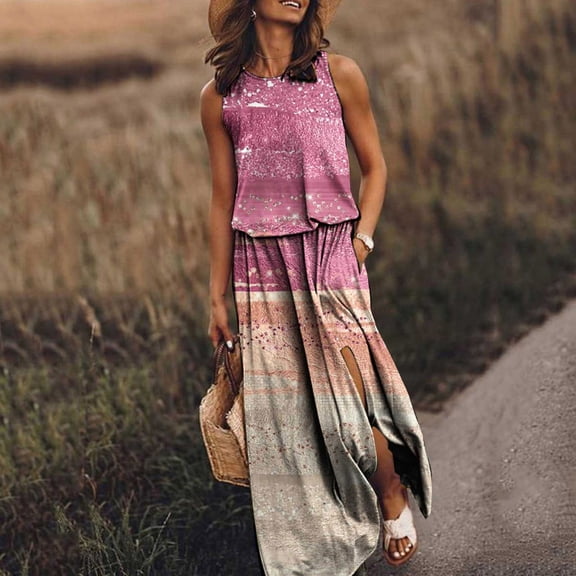 up to 60% off Gifts Usmixi Dresses for Women 2023 Elastic Waist Plus Size Slit Pocket Tank Long Dresses Sleeveless Round Neck Solid Summer Maxi Sun Dress Pink xxl