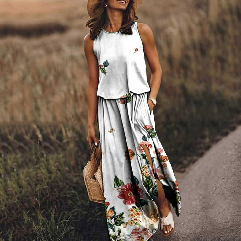 Usmixi Dresses for Women 2023 Elastic Waist Plus Size Slit Pocket Tank Long  Dresses Sleeveless Round Neck Solid Summer Maxi Sun Dress White xxl 