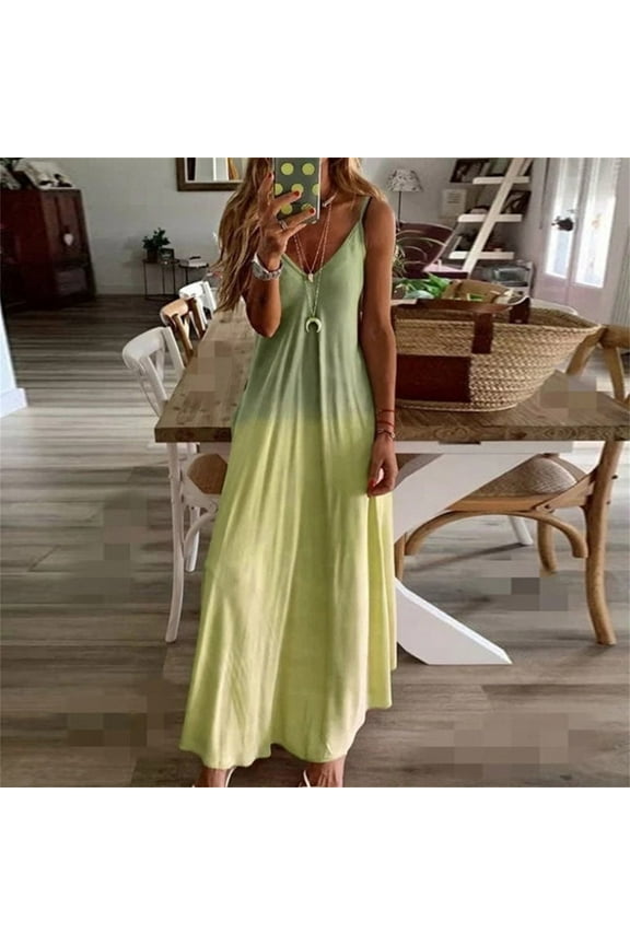 Usmixi Dresses for Women Fashion High Waist Plus Size Swing Spaghetti Strap Long Dresses Sleeveless V-Neck Gradient Summer Maxi Formal Dress Yellow m