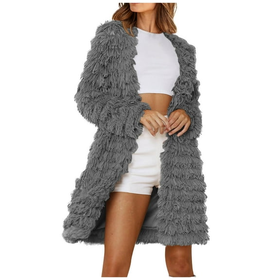 Usmixi Faux Fur Coat for Women Faux Furry Jacket for Women Long Sleeve Casual Solid Plus Size Plush Trench Coats Cozy Soft Fluffy Fuzzy Fleece Long Outwear Winter Faux Fur Coat