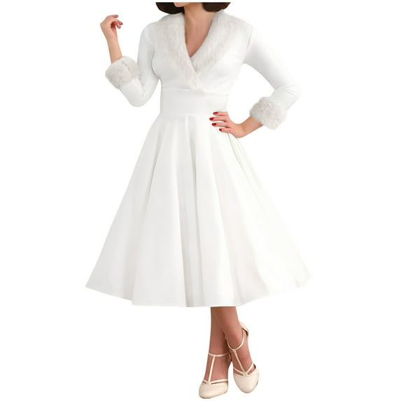 Usmixi Dresses for Women Christmas Long Dresses for Women Winter Cozy Warm Plush Patchwork Long Sleeve Formal Dress V Neck Empire Waist Party Prom Swing A Line Dress