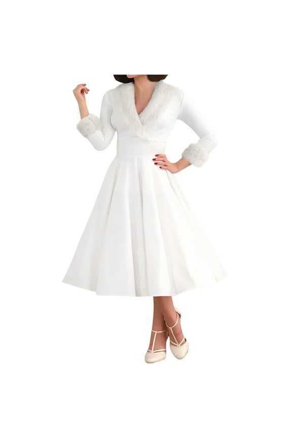 Usmixi Dresses for Women Christmas Long Dresses for Women Winter Cozy Warm Plush Patchwork Long Sleeve Formal Dress V Neck Empire Waist Party Prom Swing A Line Dress