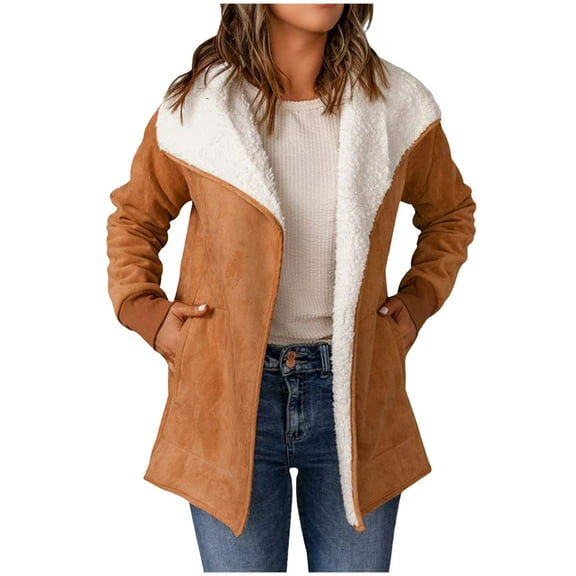 Usmixi Fleece Coat for Women Faux Suede Jacket for Women Casual Solid Long Sleeve Hooded Trench Coat Soft Cozy Plush Padded Warm Outwear with Pocket Winter Fleece Coat