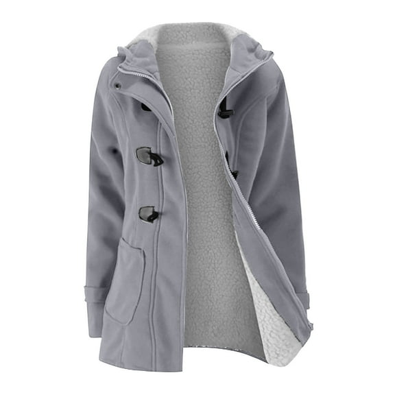 Usmixi Fleece Jacket for Women Womens Plush Lined Coat Fashion Horn Button Solid Hooded Sweater Outerwear Long Sleeve Warm Padded Thickened Coat with Pocket Winter Fleece Jacket