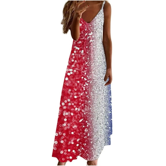 Usmixi Formal Dresses for Women 4th of July High Waist Patriotic Spaghetti Strap Maxi Dresses V-Neck Sleeveless American Flag Print 2023 Summer Long Dress Red XXL