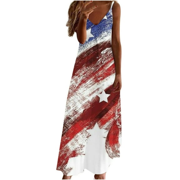Usmixi Formal Dresses for Women 4th of July High Waist Patriotic Spaghetti Strap Maxi Dresses V-Neck Sleeveless American Flag Print 2023 Summer Long Dress White m