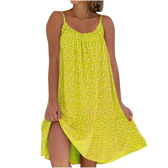 up to 60% off Gifts Usmixi Formal Dresses for Women Beach Boho Loose Swing Spaghetti Strap Short Sun Dress Round Neck Sleeveless Floral Print 2023 Summer Mini Dresses Yellow xxxl