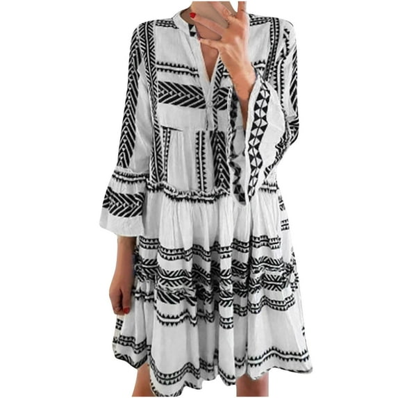 Usmixi Formal Dresses for Women Beach Loose Flowy Ruffle Swing Tunic Midi Dress V-Neck 3/4 Sleeve Striped Print 2023 Summer Knee-Length Dresses Black m Under $5