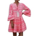 thumbnail image 1 of Usmixi Formal Dresses for Women Beach Loose Flowy Ruffle Swing Tunic Midi Dress V-Neck 3/4 Sleeve Striped Print 2023 Summer Knee-Length Dresses Pink m, 1 of 5