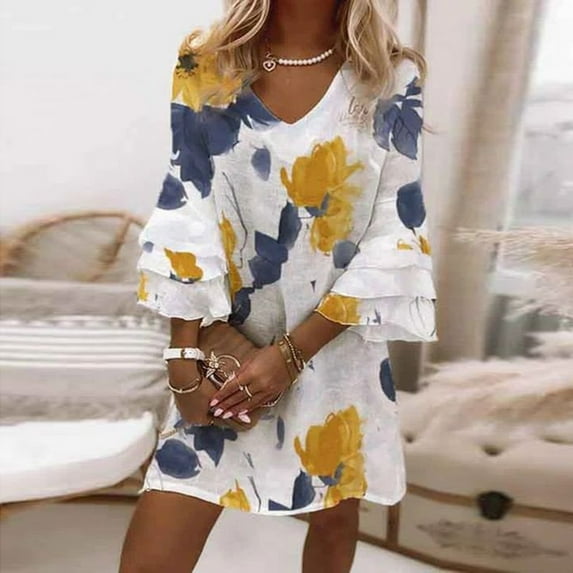 Usmixi Formal Dresses for Women Beach Loose Flowy Ruffle Swing Tunic Midi Dress V-Neck 3/4 Sleeve Striped Print 2023 Summer Knee-Length Dresses White XXXL
