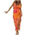 thumbnail image 1 of Usmixi Formal Dresses for Women Beach Party Fashion Drawstring Slit Bodycon Ribbed Tank Maxi Dresses Scoop Neck Sleeveless Striped Print Summer Long Dress Orange s, 1 of 3