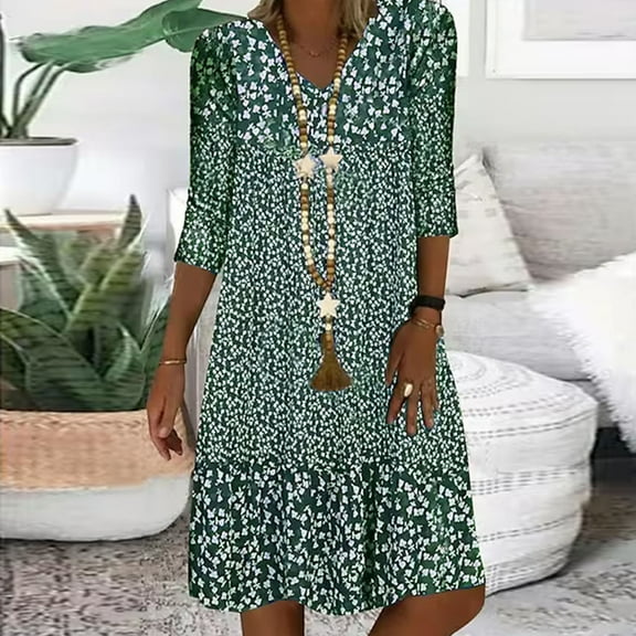 Usmixi Formal Dresses for Women Beach Vintage Boho Plus Size Swing Tunic Midi Sundresses Elbow-Length V-Neck Floral 2023 Summer Knee-Length Dress Green XXXXL