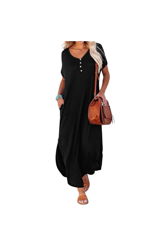 Usmixi Formal Dresses for Women Button Down Loose Pocket Side Slit Swing Beach Maxi Dress V-Neck Short Sleeve Solid Summer Long Dresses Black XL Clothes