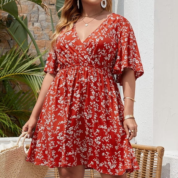 Usmixi Formal Dresses for Women Casual High Waist Swing Hem Plus Size Short Dress V-Neck Short Sleeve Striped Print Summer Mini Dresses Red XXXL Clothes