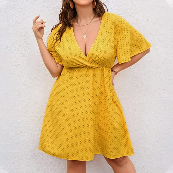 Usmixi Formal Dresses for Women Casual High Waist Swing Hem Plus Size Short Dress V-Neck Short Sleeve Striped Print Summer Mini Dresses Yellow XXL Clothes