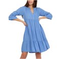 thumbnail image 1 of Usmixi Formal Dresses for Women Casual Loose Flowy Ruffle Swing Beach Midi Sun Dress V-Neck Elbow-Length Solid 2023 Summer Knee-Length Dresses Light Blue s, 1 of 6