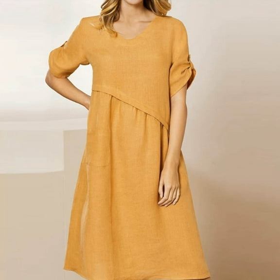 Usmixi Formal Dresses for Women Casual Loose Smocked Hem Cotton Linen Midi Dresses with Pocket Short Sleeve V-Neck Solid 2023 Summer Knee-Length Dress Orange m