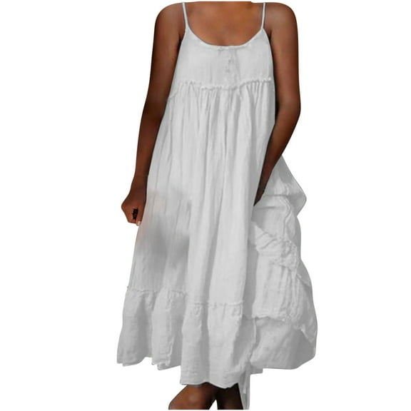 Usmixi Formal Dresses for Women Casual Soft Linen Plus Size Flowy Ruffle Swing Spaghetti Strap Maxi Sundress Round Neck Sleeveless Solid Summer Long Dress White m