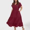 thumbnail image 1 of Usmixi Formal Dresses for Women Elastic Waist Ruffle Swing Pocket Plus Size Dress V-Neck Short Sleeve Solid Summer Long Dresses Wine XXXL Clothes, 1 of 6