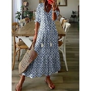 Usmixi Formal Dresses for Women Elbow-Length V-Neck Geometric Print Summer Maxi Dresses with Tassel Loose Flowy Swing Beach Tunic Dress Blue L Up to 65% off