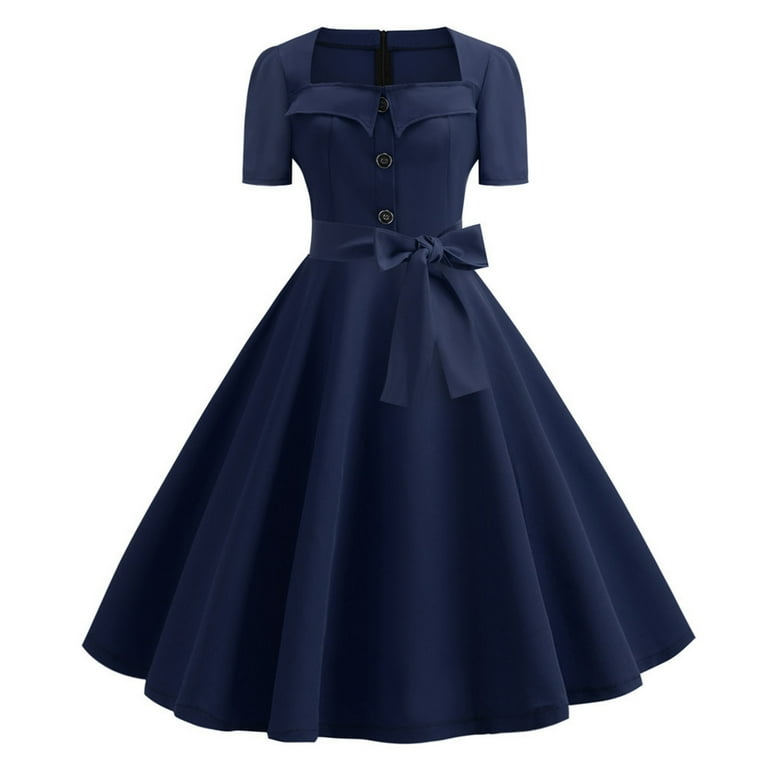Usmixi Formal Dresses for Women Evening Party Vintage 1950S Bow Tie Pleated  Swing A Line Formal Dress Square Neck Short Sleeve Solid 2023 Summer Midi  Dresses Navy xxl - Walmart.com