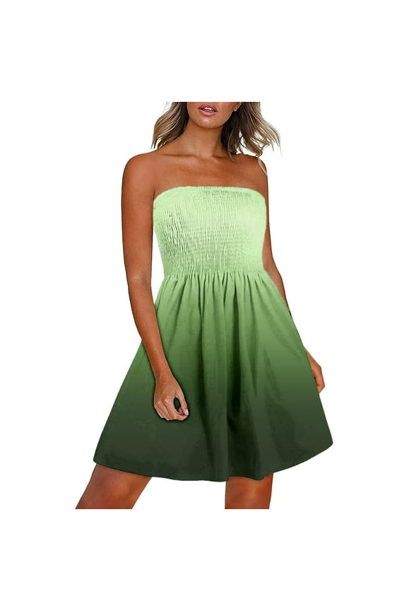 Usmixi Formal Dresses for Women Fashion Elastic Waist Flowy Pleated Swing Beach Party Strapless Dresses Tube Top Sleeveless Gradient Summer Mini Dress Green XXL