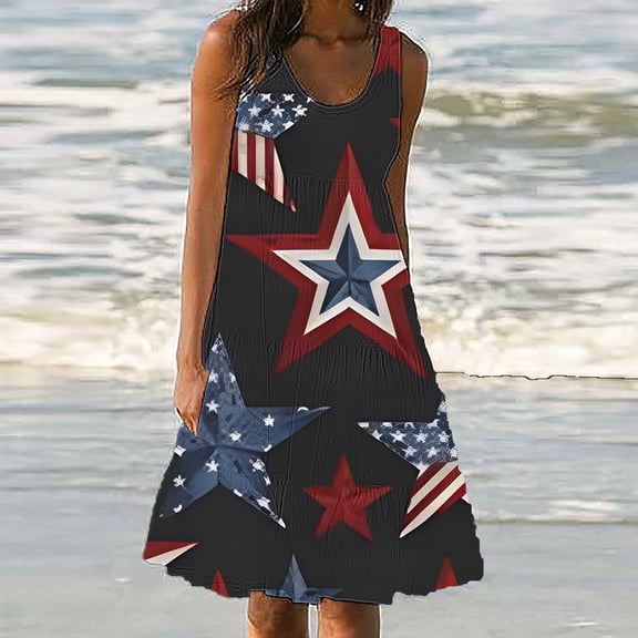 Usmixi Formal Dresses for Women Independence Day Fashion Loose Ruffle Swing Patriotic Tank Dresses U-Neck Sleeveless Star Flag Print Summer Midi Dress Black s