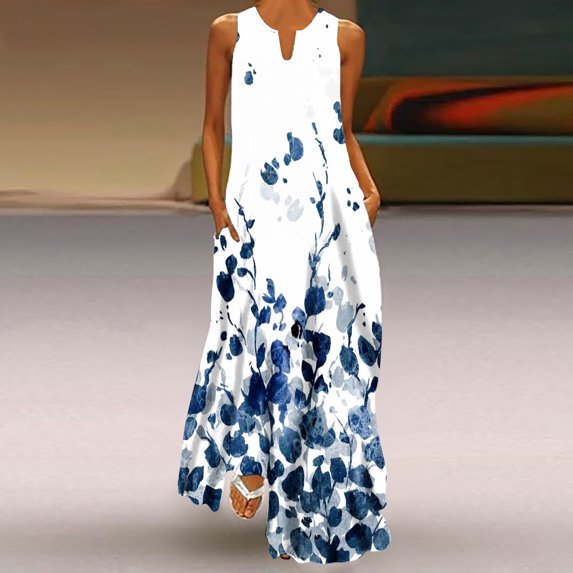 Usmixi Formal Dresses for Women Loose Hem Swing Pocket Tunic Tank Beach Long Sun Dress V-Neck Sleeveless Gradient Summer Maxi Dresses White XL Clearance Clothes