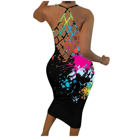 Usmixi Formal Dresses for Women Night Club Sexy Backless Strap Bodycon Midi Dress Scoop Neck Sleeveless Tie-Dye Print 2023 Summer Knee-Length Dresses Black m