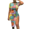 thumbnail image 1 of Usmixi Formal Dresses for Women Night Party Club Sexy Drawstring Slit Bodycon Dress Crewneck Short Sleeve Striped Print 2023 Summer Midi Dresses Yellow xl Clothes, 1 of 4